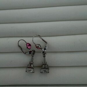 Silver Eiffel Tower Earrings with Pink Accents